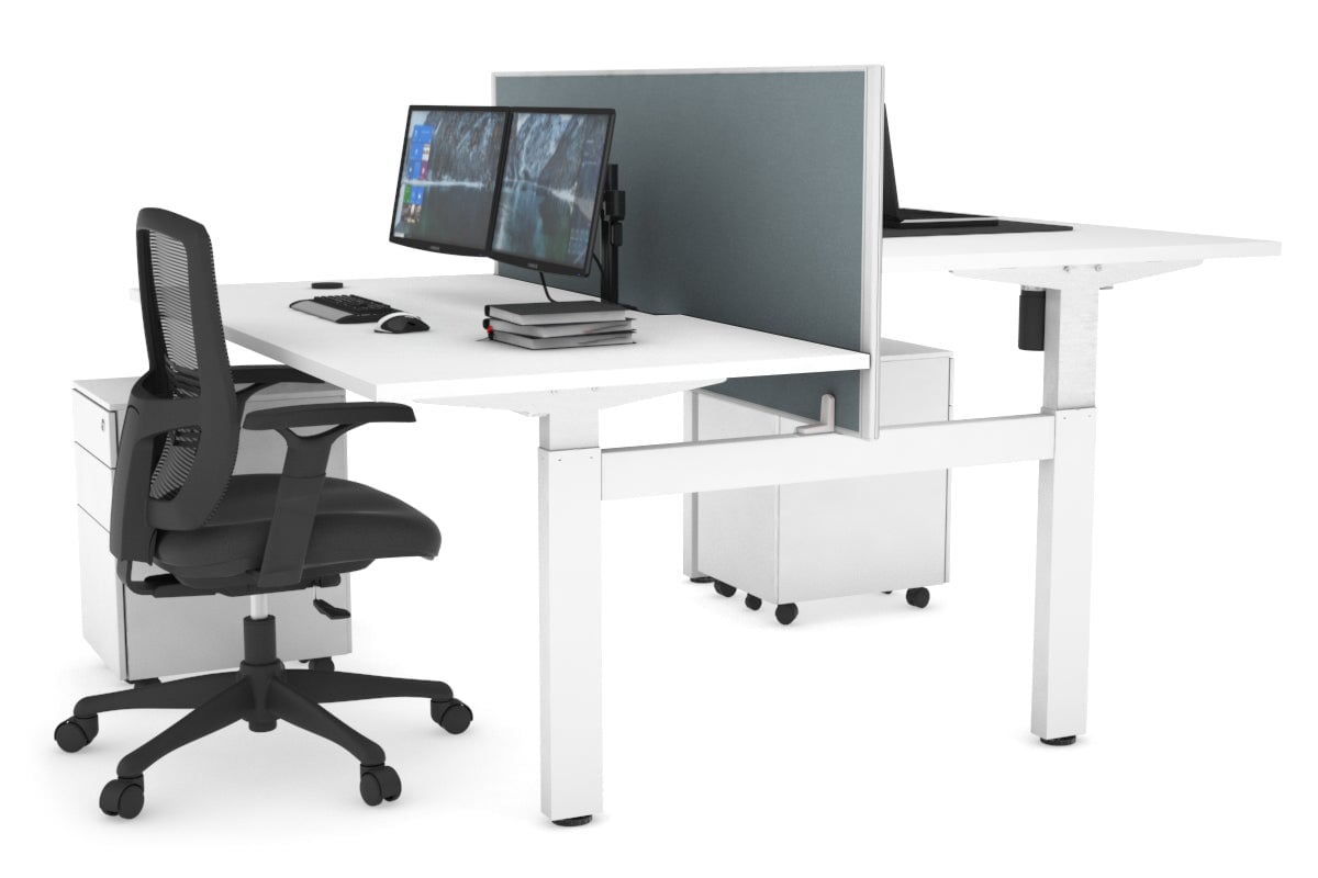 Just Right Height Adjustable 2 Person H-Bench Workstation - White Frame [1600L x 800W with Cable Scallop]-white cool grey (820H x 1600W) none