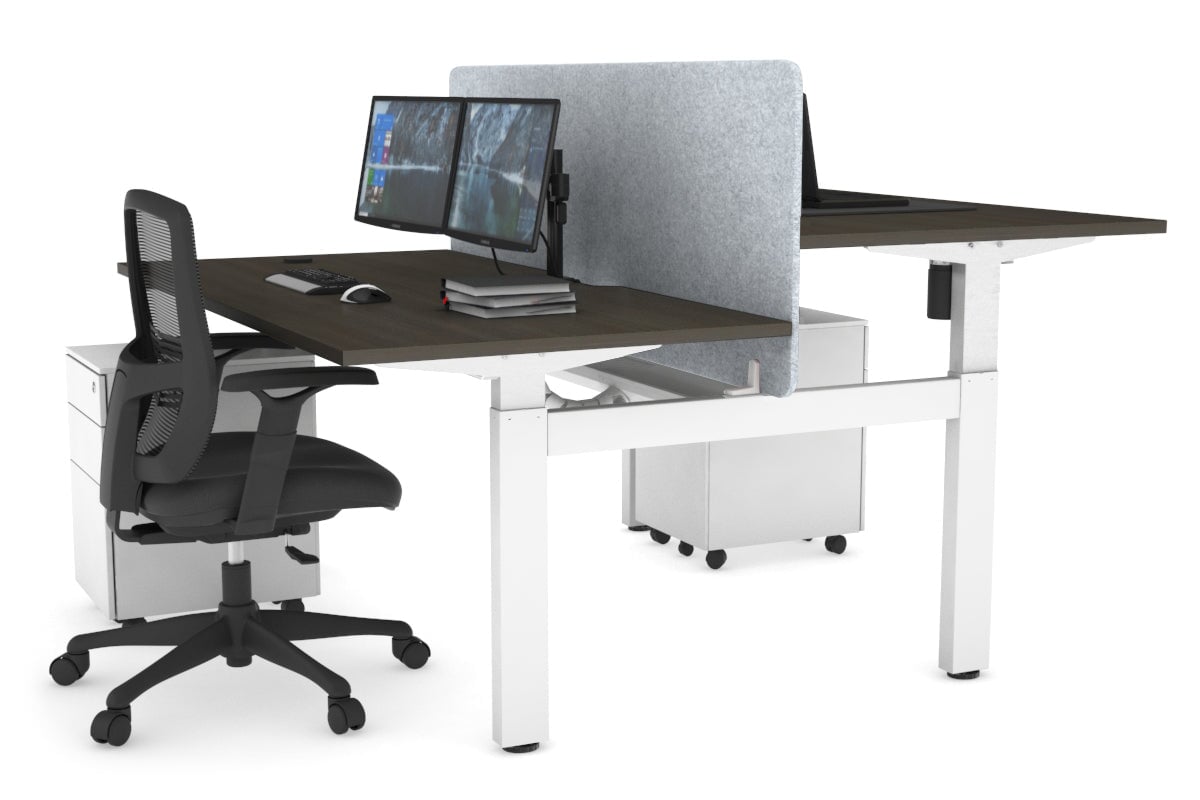 Just Right Height Adjustable 2 Person H-Bench Workstation - White Frame [1600L x 800W with Cable Scallop]-dark oak light grey acoustic panel (820H x 1600W) white cable tray