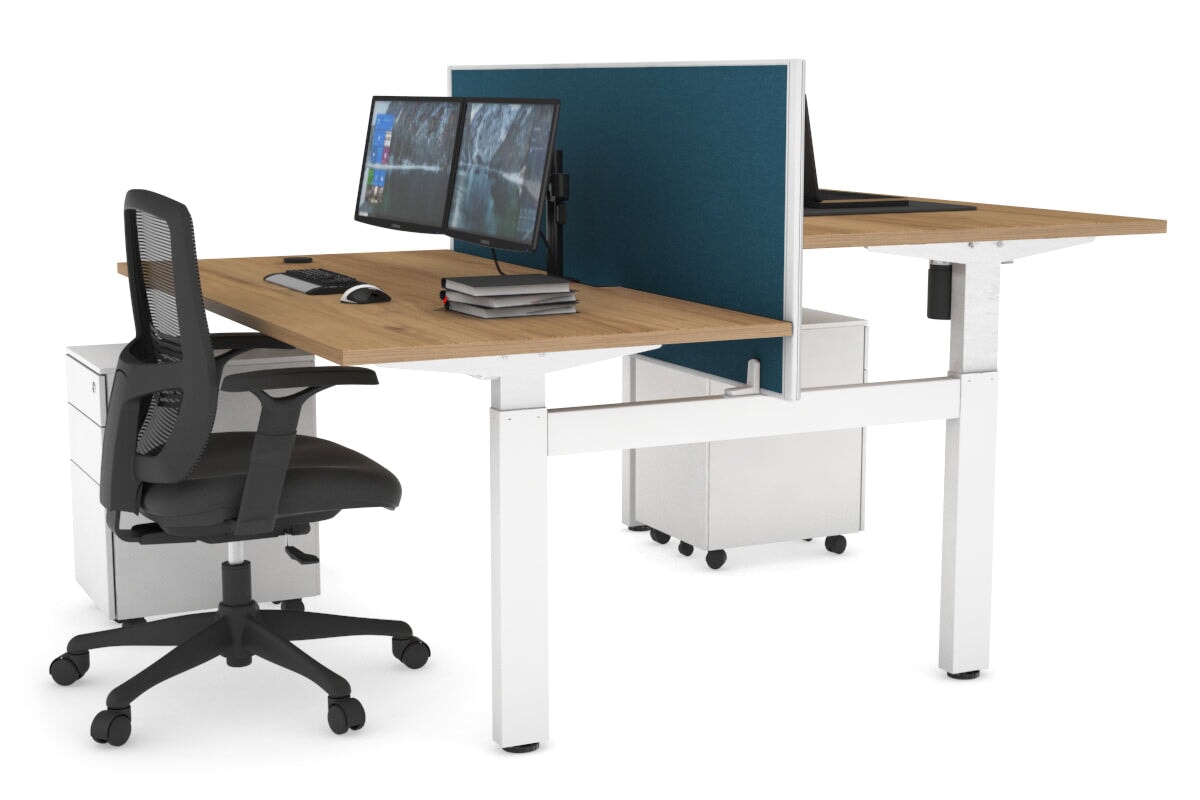 Just Right Height Adjustable 2 Person H-Bench Workstation - White Frame [1600L x 800W with Cable Scallop]-salvage oak deep blue (820H x 1600W) none