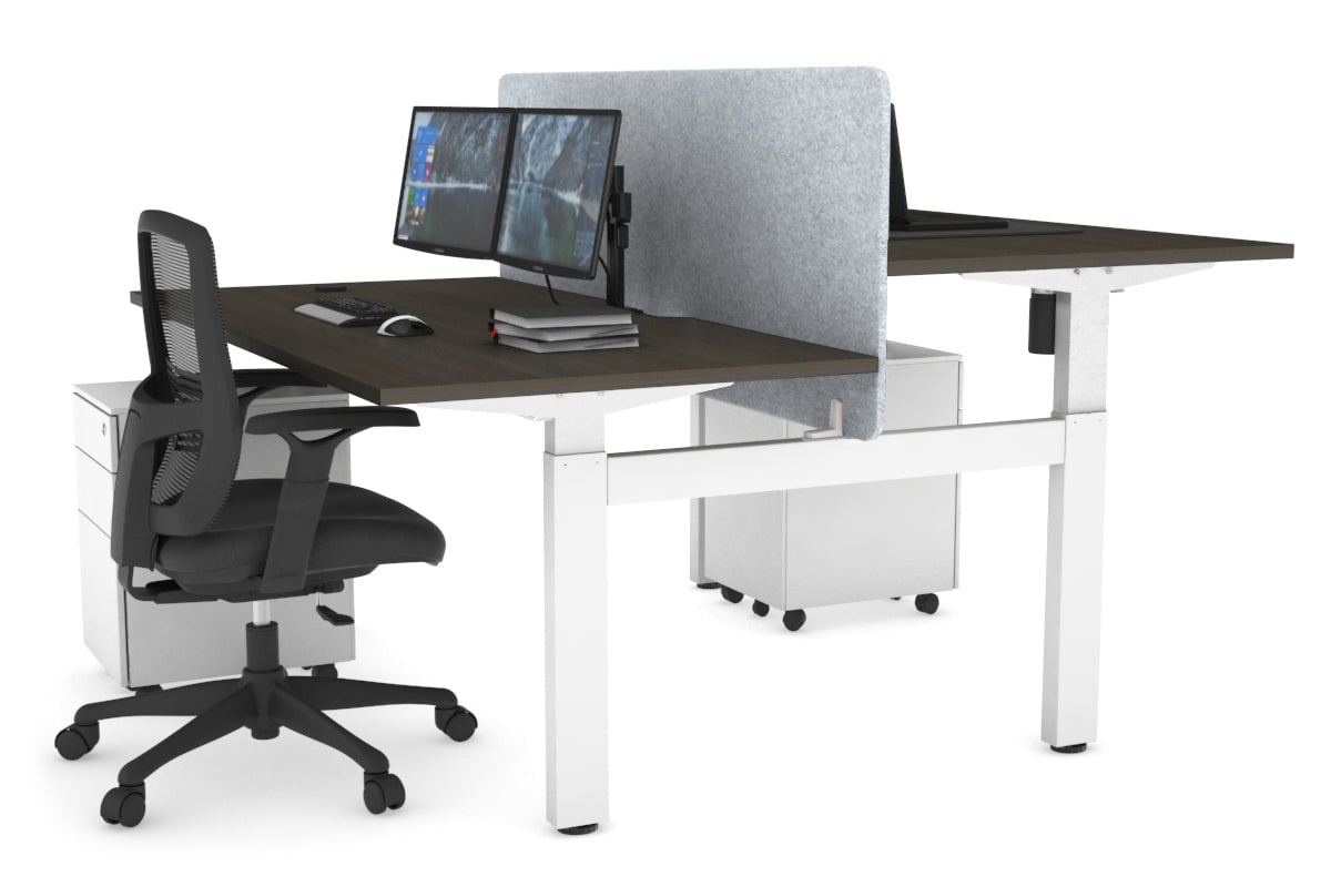 Just Right Height Adjustable 2 Person H-Bench Workstation - White Frame [1600L x 800W with Cable Scallop]-dark oak light grey acoustic panel (820H x 1600W) none
