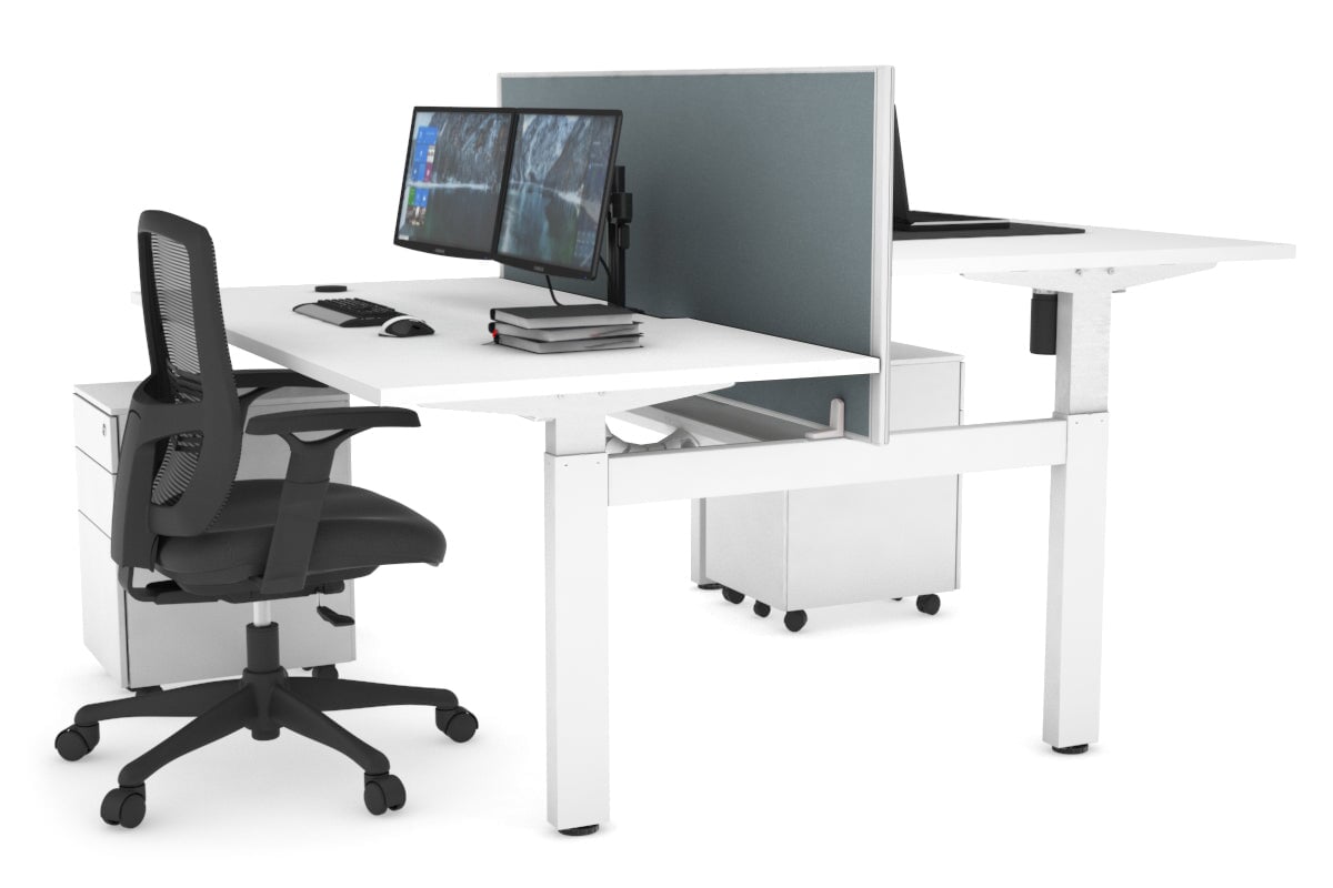 Just Right Height Adjustable 2 Person H-Bench Workstation - White Frame [1600L x 800W with Cable Scallop]-white cool grey (820H x 1600W) white cable tray
