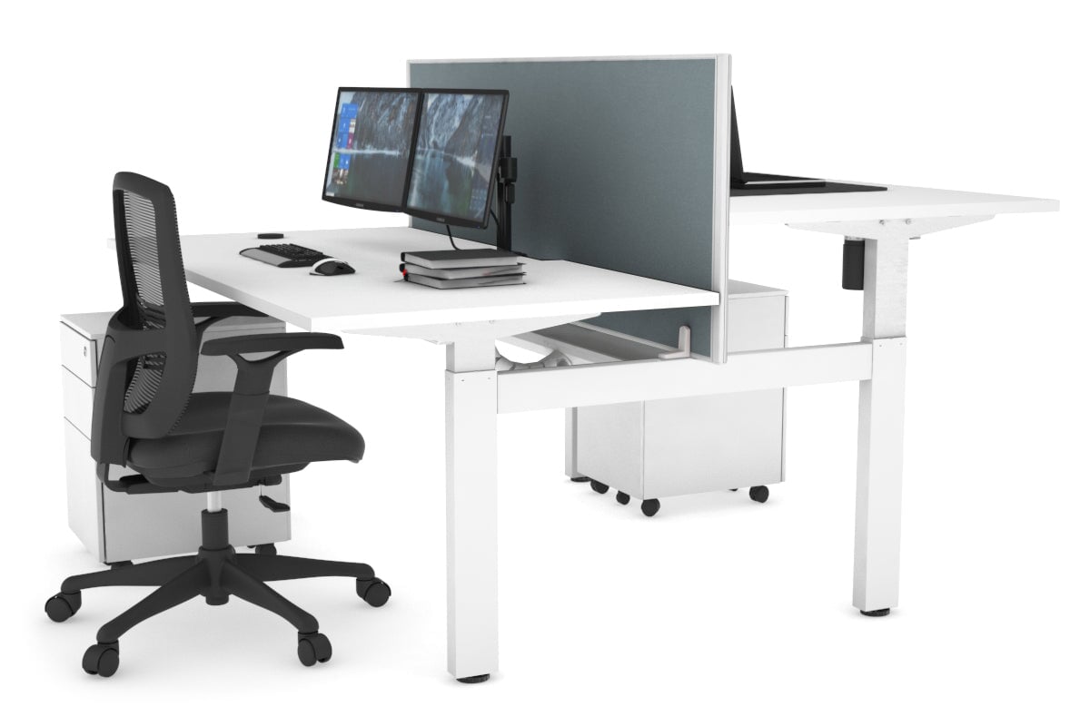 Just Right Height Adjustable 2 Person H-Bench Workstation - White Frame [1600L x 800W with Cable Scallop] Jasonl white cool grey (820H x 1600W) white cable tray