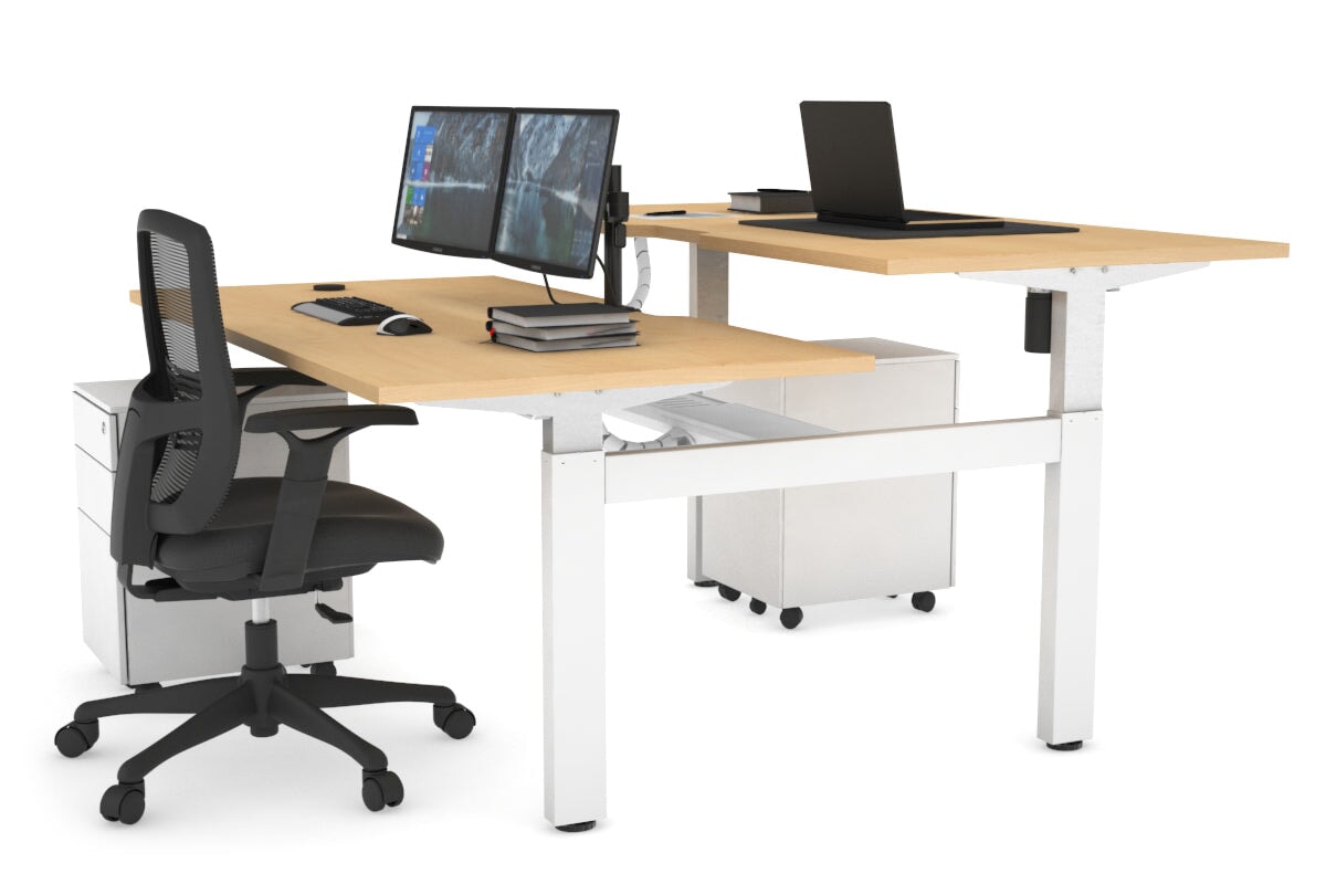 Just Right Height Adjustable 2 Person H-Bench Workstation - White Frame [1600L x 800W with Cable Scallop]-dark oak moody charcoal (820H x 1600W) white cable tray