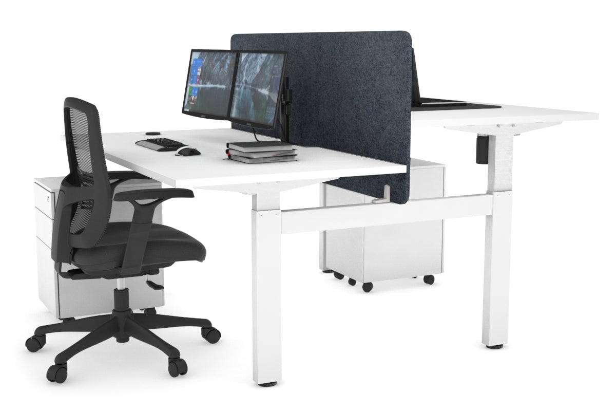 Just Right Height Adjustable 2 Person H-Bench Workstation - White Frame [1600L x 800W with Cable Scallop]-white dark grey acoustic panel (820H x 1600W) none