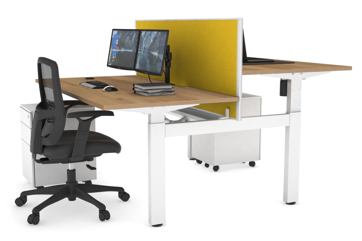 Just Right Height Adjustable 2 Person H-Bench Workstation - White Frame [1600L x 800W with Cable Scallop]-salvage oak mustard yellow (820H x 1600W) white cable tray
