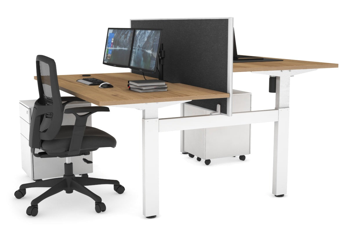 Just Right Height Adjustable 2 Person H-Bench Workstation - White Frame [1600L x 800W with Cable Scallop]-dark oak moody charcoal (820H x 1600W) white cable tray