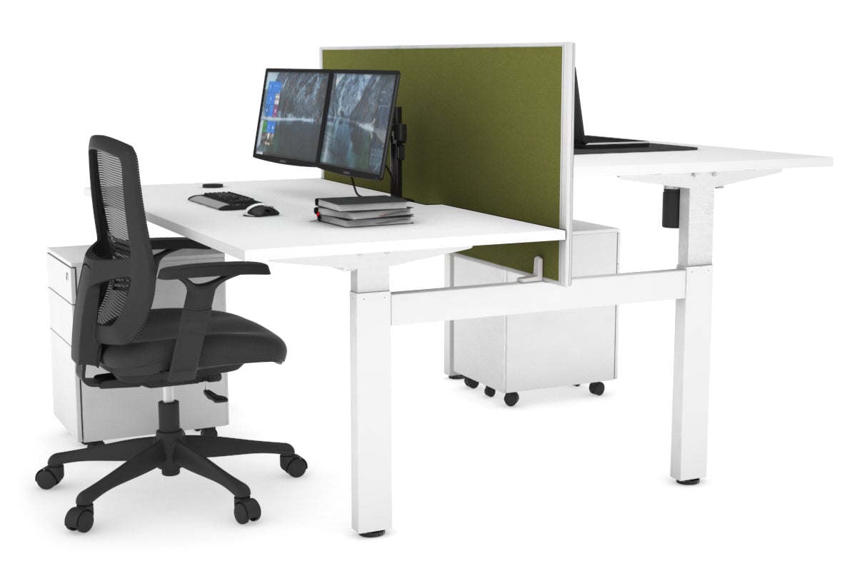 Just Right Height Adjustable 2 Person H-Bench Workstation - White Frame [1600L x 800W with Cable Scallop]-white green moss (820H x 1600W) none