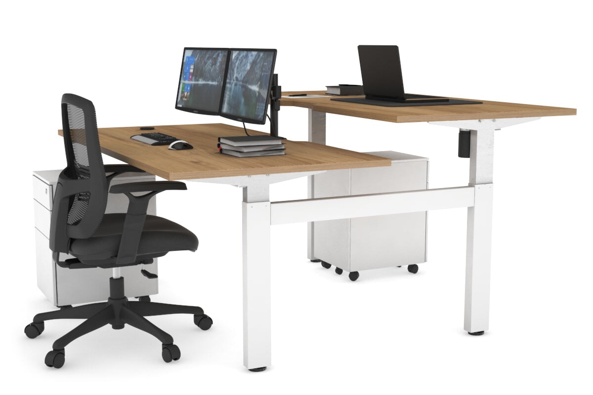 Just Right Height Adjustable 2 Person H-Bench Workstation - White Frame [1600L x 800W with Cable Scallop]-salvage oak none none