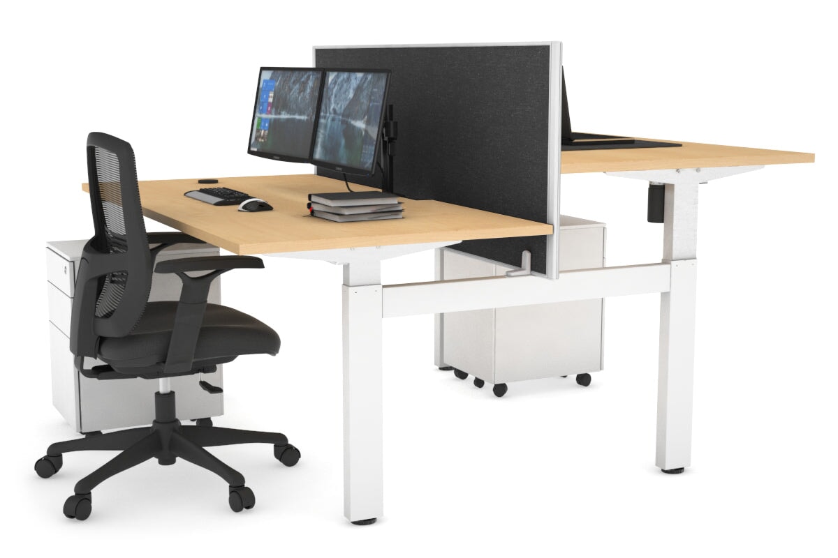Just Right Height Adjustable 2 Person H-Bench Workstation - White Frame [1600L x 800W with Cable Scallop]-dark oak moody charcoal (820H x 1600W) white cable tray