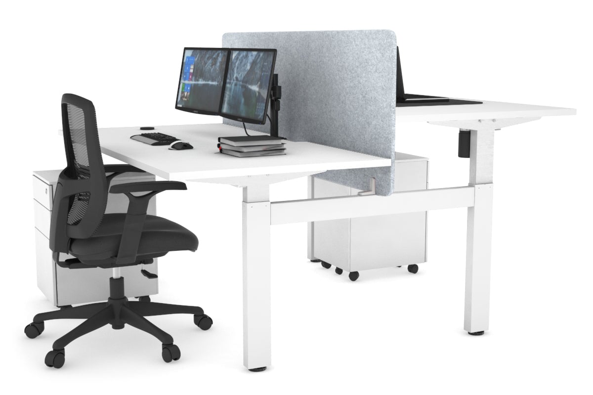 Just Right Height Adjustable 2 Person H-Bench Workstation - White Frame [1600L x 800W with Cable Scallop]-white light grey acoustic panel (820H x 1600W) none