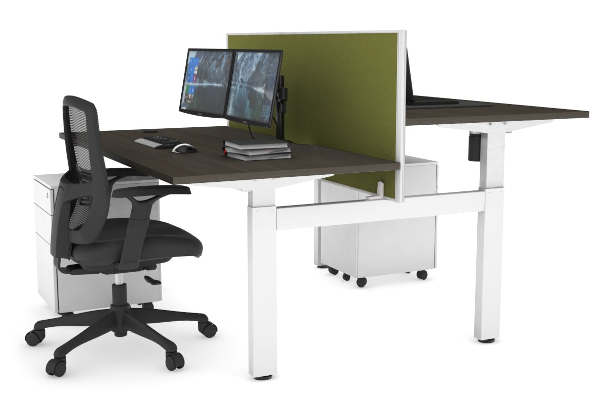 Just Right Height Adjustable 2 Person H-Bench Workstation - White Frame [1600L x 800W with Cable Scallop]-dark oak green moss (820H x 1600W) none