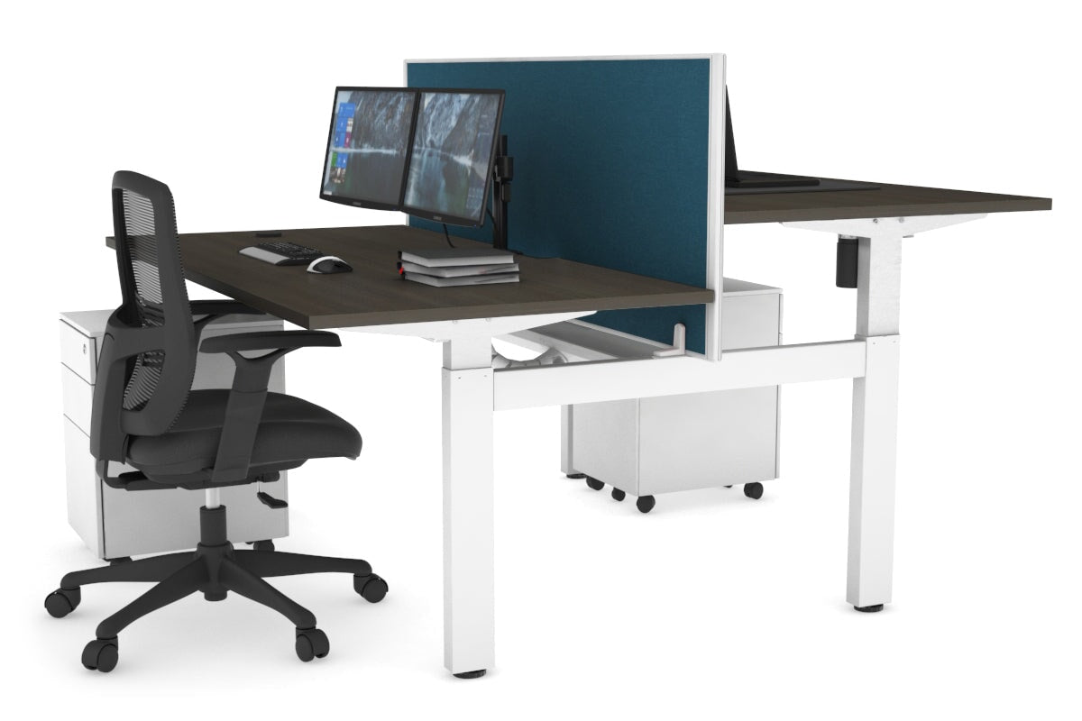Just Right Height Adjustable 2 Person H-Bench Workstation - White Frame [1600L x 800W with Cable Scallop]-dark oak deep blue (820H x 1600W) white cable tray