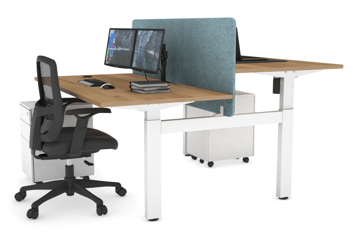 Just Right Height Adjustable 2 Person H-Bench Workstation - White Frame [1600L x 800W with Cable Scallop]-salvage oak blue acoustic panel (820H x 1600W) none