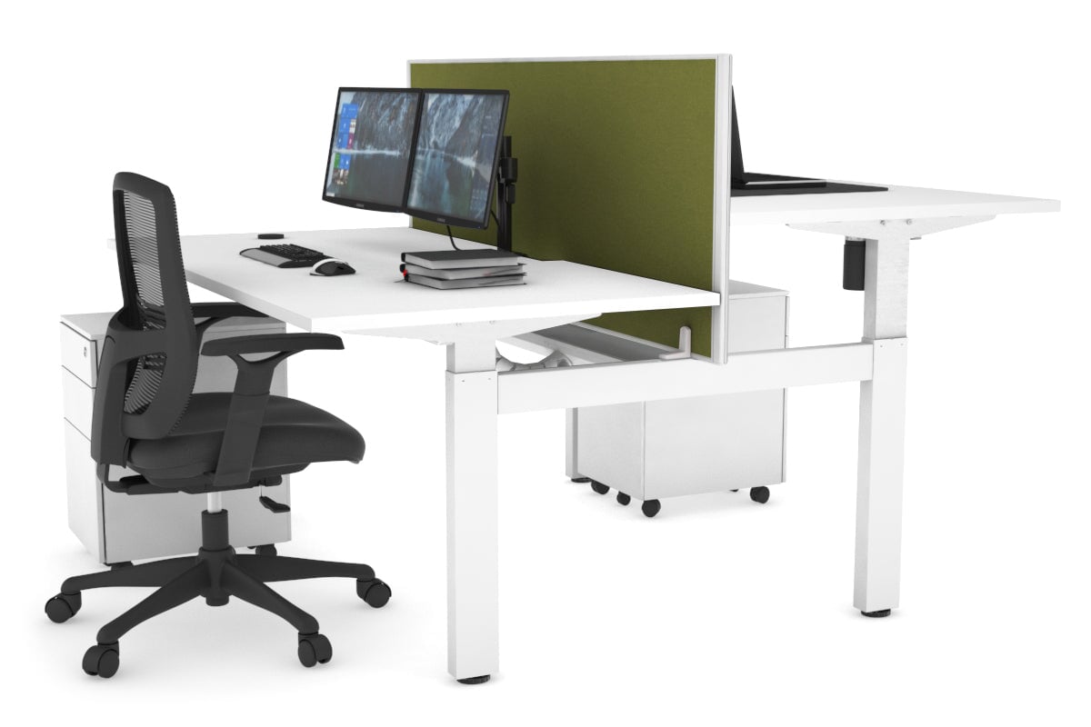 Just Right Height Adjustable 2 Person H-Bench Workstation - White Frame [1600L x 800W with Cable Scallop]-white green moss (820H x 1600W) white cable tray