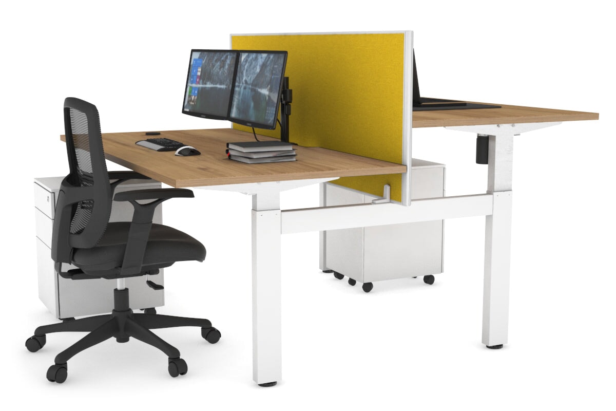 Just Right Height Adjustable 2 Person H-Bench Workstation - White Frame [1600L x 800W with Cable Scallop]-dark oak moody charcoal (820H x 1600W) white cable tray