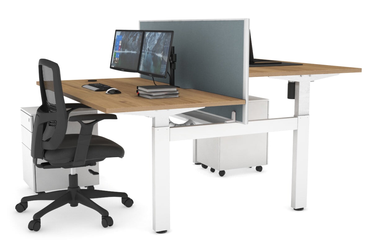Just Right Height Adjustable 2 Person H-Bench Workstation - White Frame [1600L x 800W with Cable Scallop]-salvage oak cool grey (820H x 1600W) white cable tray