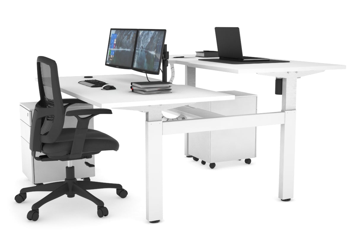 Just Right Height Adjustable 2 Person H-Bench Workstation - White Frame [1600L x 800W with Cable Scallop]-white none white cable tray