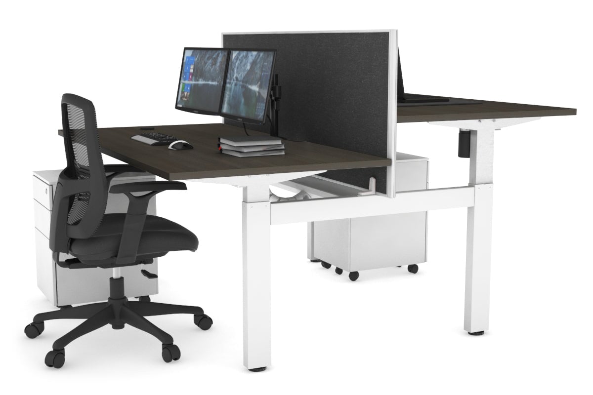 Just Right Height Adjustable 2 Person H-Bench Workstation - White Frame [1600L x 800W with Cable Scallop]-dark oak moody charcoal (820H x 1600W) white cable tray