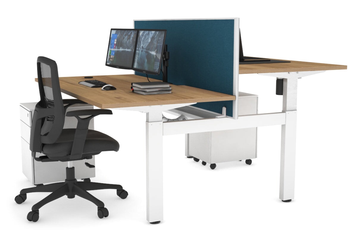Just Right Height Adjustable 2 Person H-Bench Workstation - White Frame [1600L x 800W with Cable Scallop]-salvage oak deep blue (820H x 1600W) white cable tray
