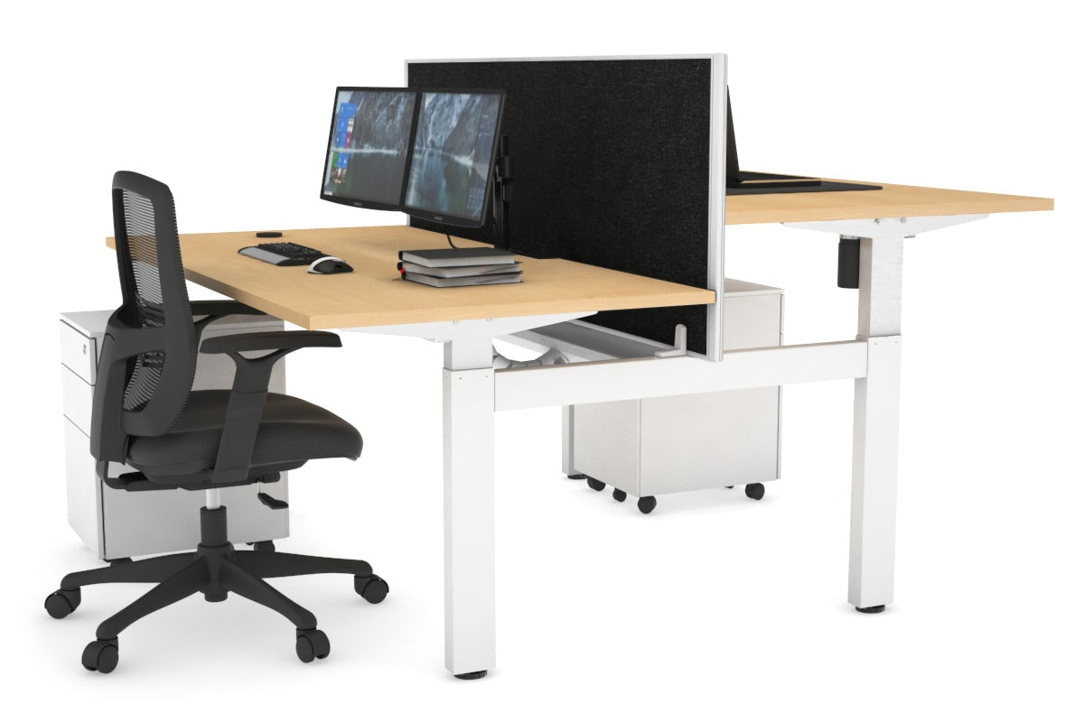 Just Right Height Adjustable 2 Person H-Bench Workstation - White Frame [1600L x 800W with Cable Scallop]-dark oak moody charcoal (820H x 1600W) white cable tray