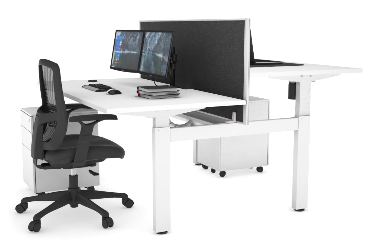 Just Right Height Adjustable 2 Person H-Bench Workstation - White Frame [1600L x 800W with Cable Scallop]-white moody charcoal (820H x 1600W) white cable tray