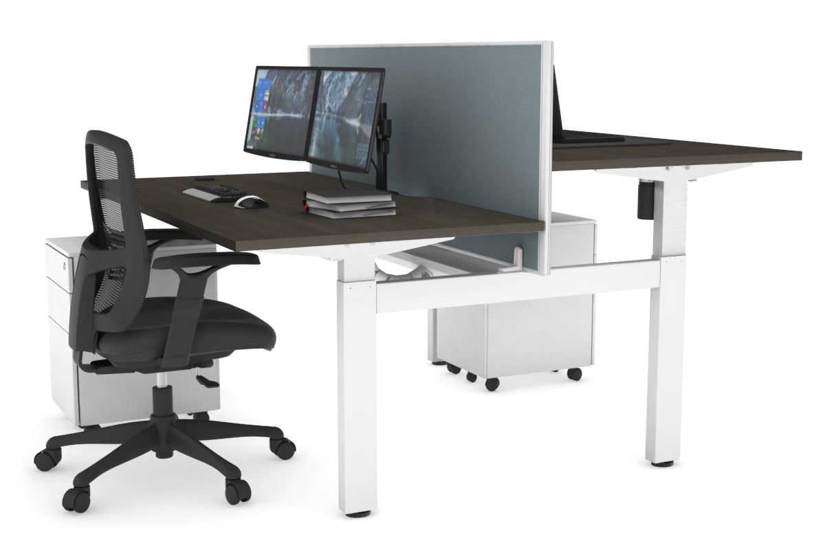 Just Right Height Adjustable 2 Person H-Bench Workstation - White Frame [1600L x 800W with Cable Scallop]-dark oak moody charcoal (820H x 1600W) white cable tray