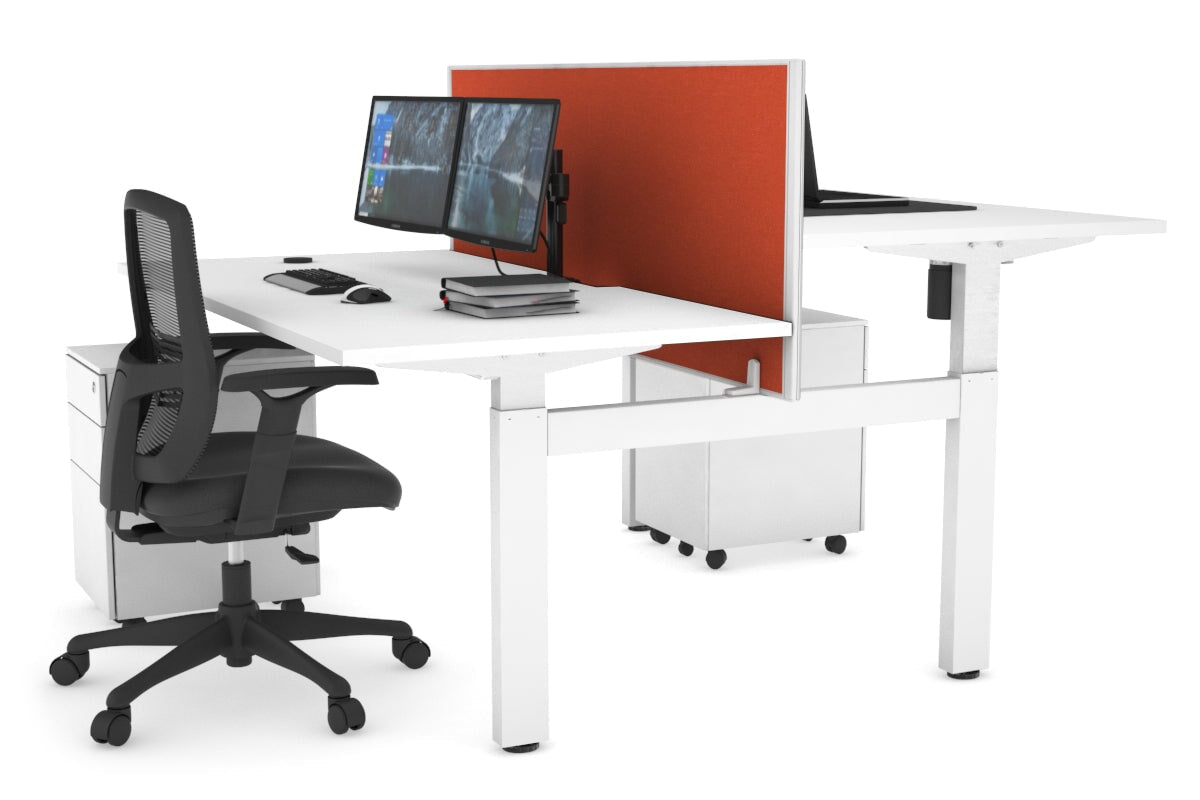 Just Right Height Adjustable 2 Person H-Bench Workstation - White Frame [1600L x 800W with Cable Scallop]-white squash orange (820H x 1600W) none