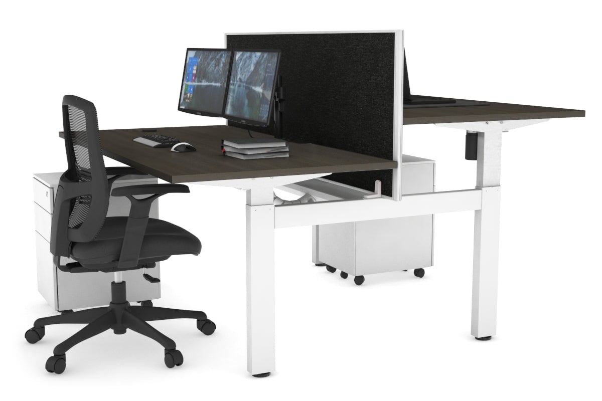 Just Right Height Adjustable 2 Person H-Bench Workstation - White Frame [1600L x 800W with Cable Scallop]-dark oak moody charcoal (820H x 1600W) white cable tray