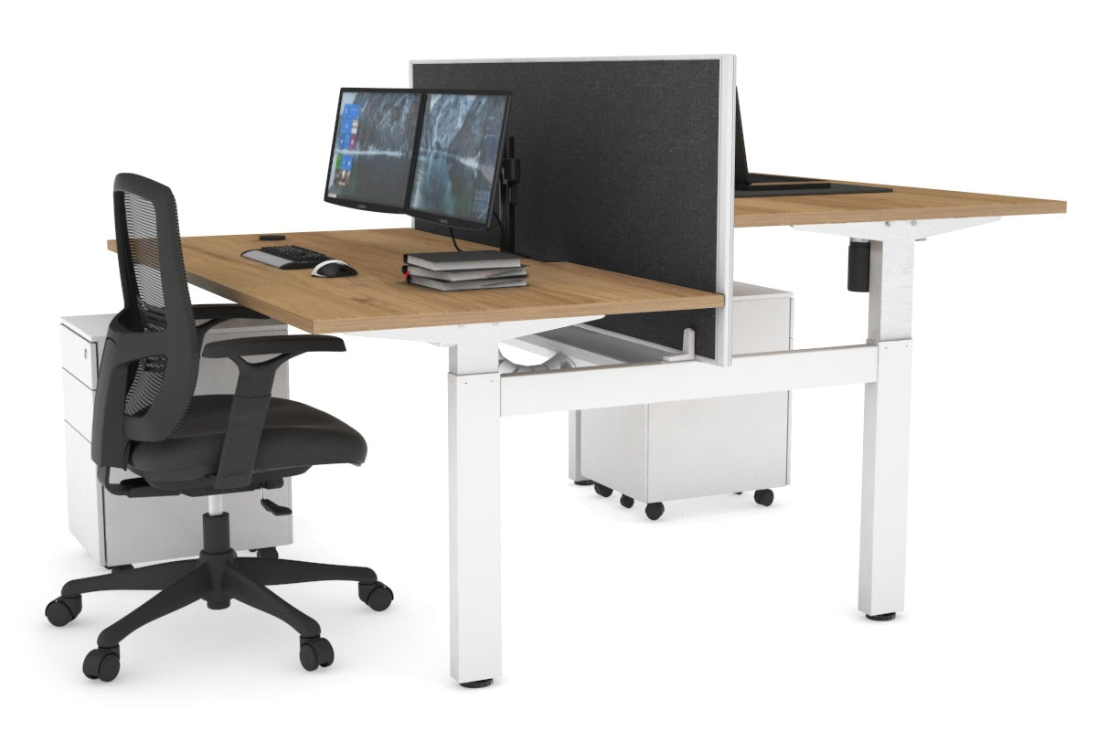 Just Right Height Adjustable 2 Person H-Bench Workstation - White Frame [1600L x 800W with Cable Scallop]-salvage oak moody charcoal (820H x 1600W) white cable tray