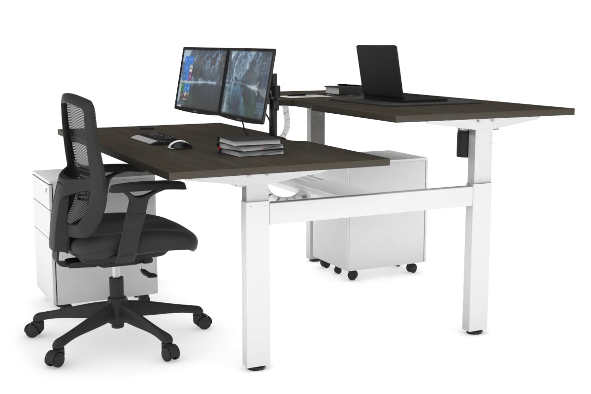 Just Right Height Adjustable 2 Person H-Bench Workstation - White Frame [1600L x 800W with Cable Scallop]-dark oak moody charcoal (820H x 1600W) white cable tray