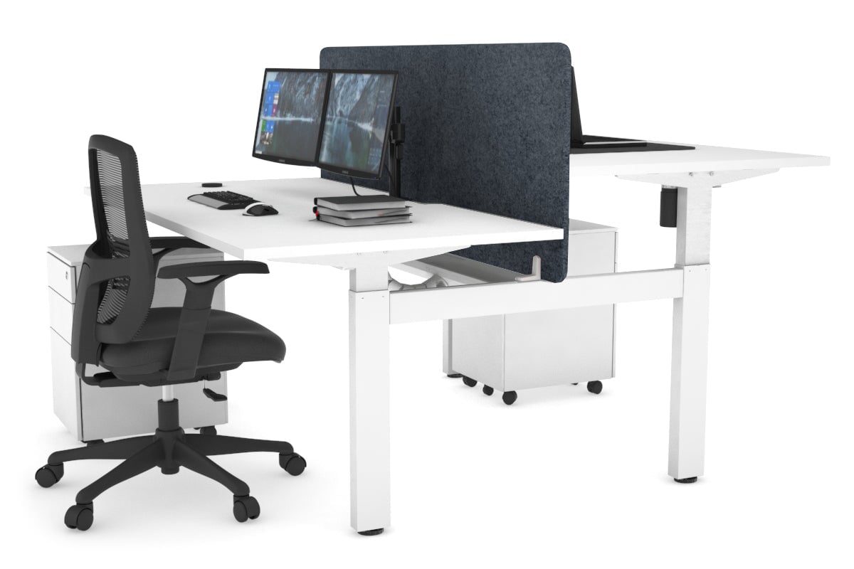 Just Right Height Adjustable 2 Person H-Bench Workstation - White Frame [1600L x 800W with Cable Scallop]-white dark grey acoustic panel (820H x 1600W) white cable tray
