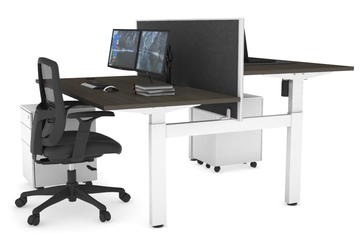Just Right Height Adjustable 2 Person H-Bench Workstation - White Frame [1600L x 800W with Cable Scallop]-dark oak moody charcoal (820H x 1600W) white cable tray