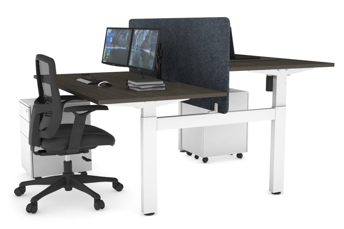 Just Right Height Adjustable 2 Person H-Bench Workstation - White Frame [1600L x 800W with Cable Scallop]-dark oak dark grey acoustic panel (820H x 1600W) none