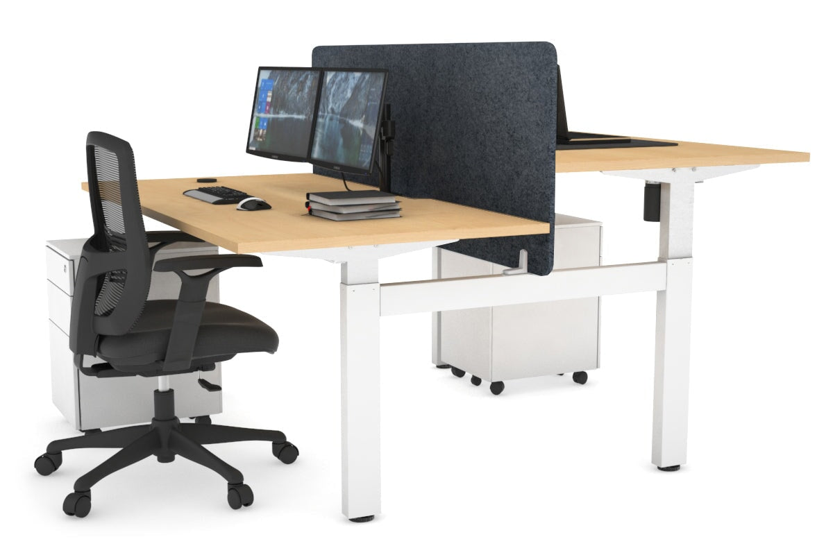 Just Right Height Adjustable 2 Person H-Bench Workstation - White Frame [1600L x 800W with Cable Scallop]-maple dark grey acoustic panel (820H x 1600W) none