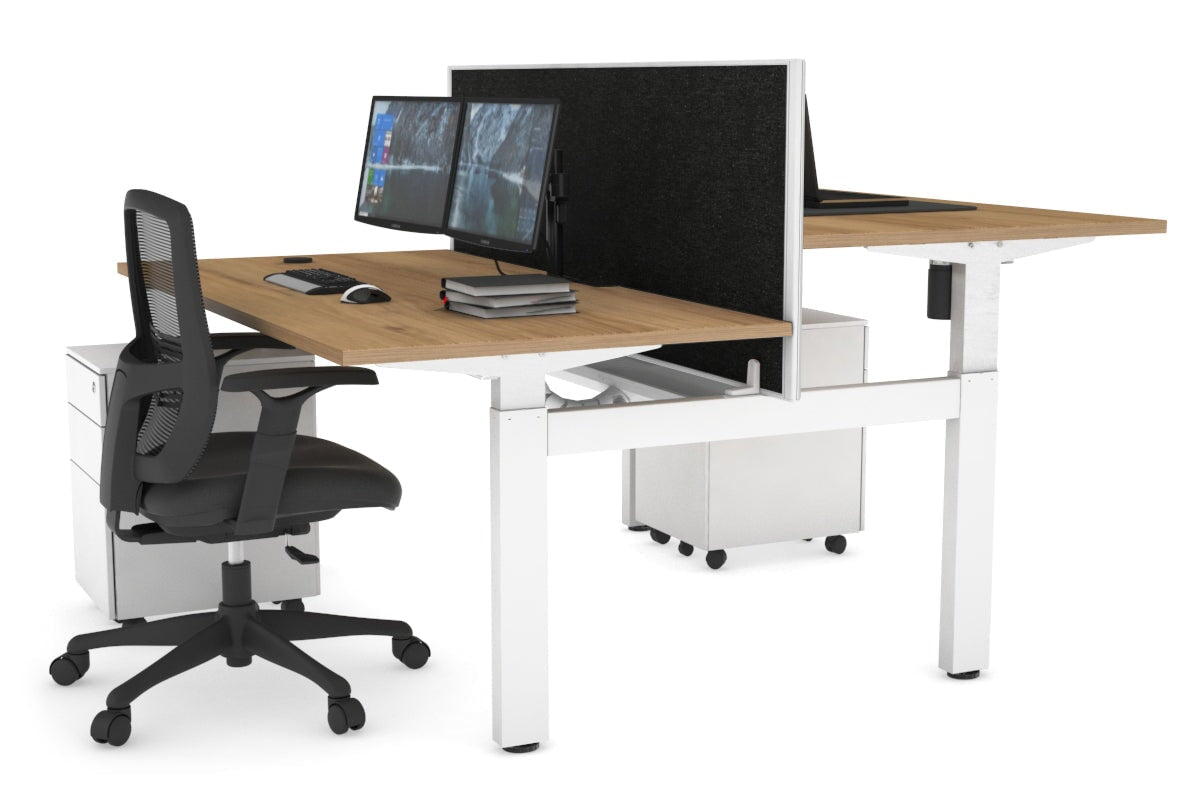Just Right Height Adjustable 2 Person H-Bench Workstation - White Frame [1600L x 800W with Cable Scallop]-dark oak moody charcoal (820H x 1600W) white cable tray