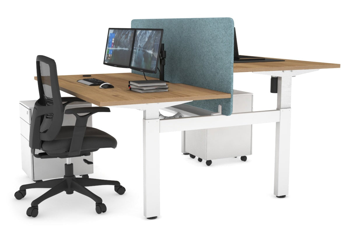 Just Right Height Adjustable 2 Person H-Bench Workstation - White Frame [1600L x 800W with Cable Scallop]-salvage oak blue acoustic panel (820H x 1600W) white cable tray