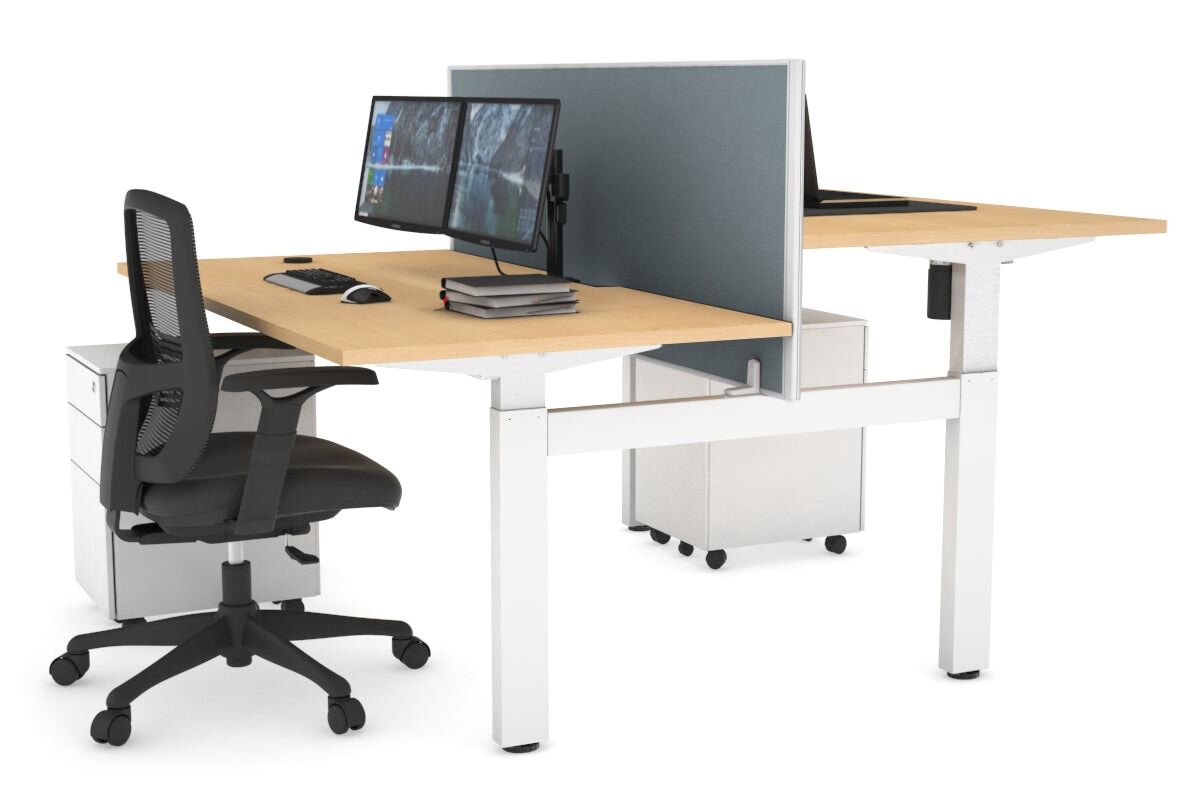 Just Right Height Adjustable 2 Person H-Bench Workstation - White Frame [1600L x 800W with Cable Scallop]-maple cool grey (820H x 1600W) none