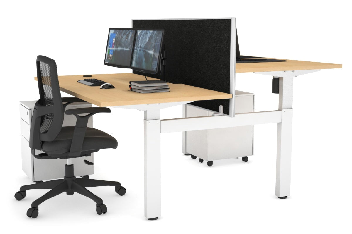 Just Right Height Adjustable 2 Person H-Bench Workstation - White Frame [1600L x 800W with Cable Scallop]-dark oak moody charcoal (820H x 1600W) white cable tray