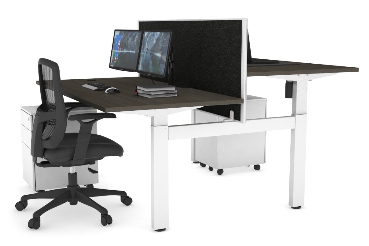 Just Right Height Adjustable 2 Person H-Bench Workstation - White Frame [1600L x 800W with Cable Scallop]-dark oak moody charcoal (820H x 1600W) white cable tray