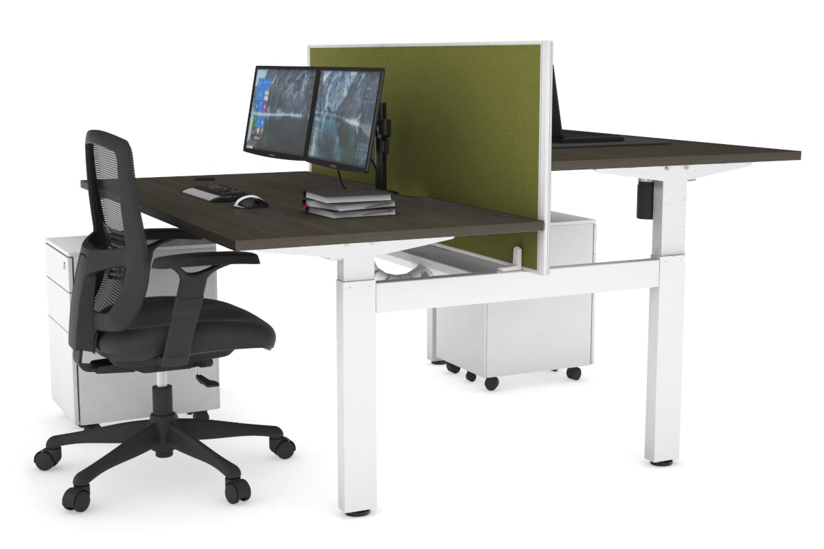 Just Right Height Adjustable 2 Person H-Bench Workstation - White Frame [1600L x 800W with Cable Scallop]-dark oak moody charcoal (820H x 1600W) white cable tray
