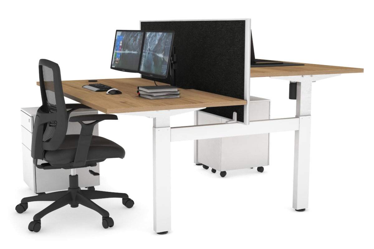 Just Right Height Adjustable 2 Person H-Bench Workstation - White Frame [1600L x 800W with Cable Scallop]-dark oak moody charcoal (820H x 1600W) white cable tray