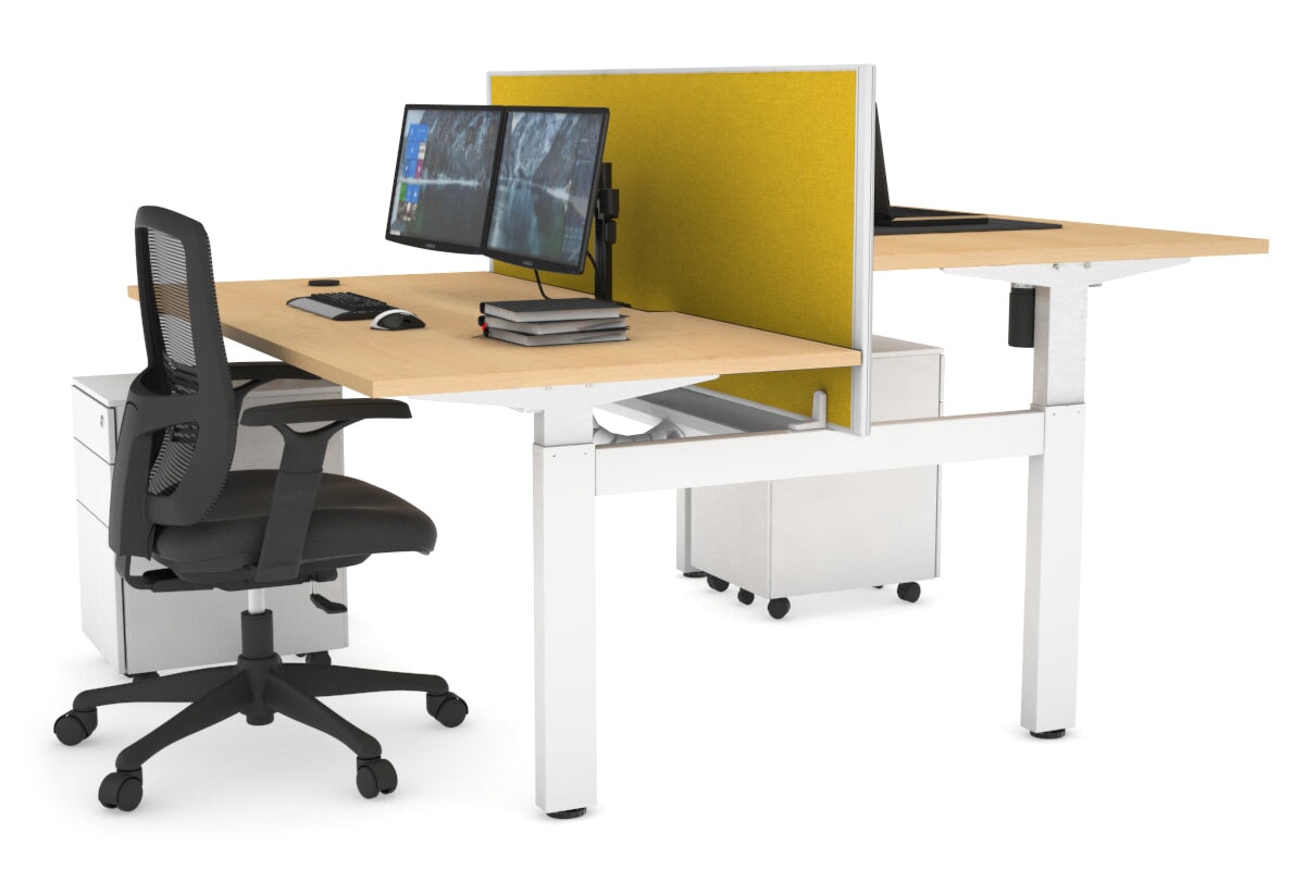 Just Right Height Adjustable 2 Person H-Bench Workstation - White Frame [1600L x 800W with Cable Scallop]-maple mustard yellow (820H x 1600W) white cable tray