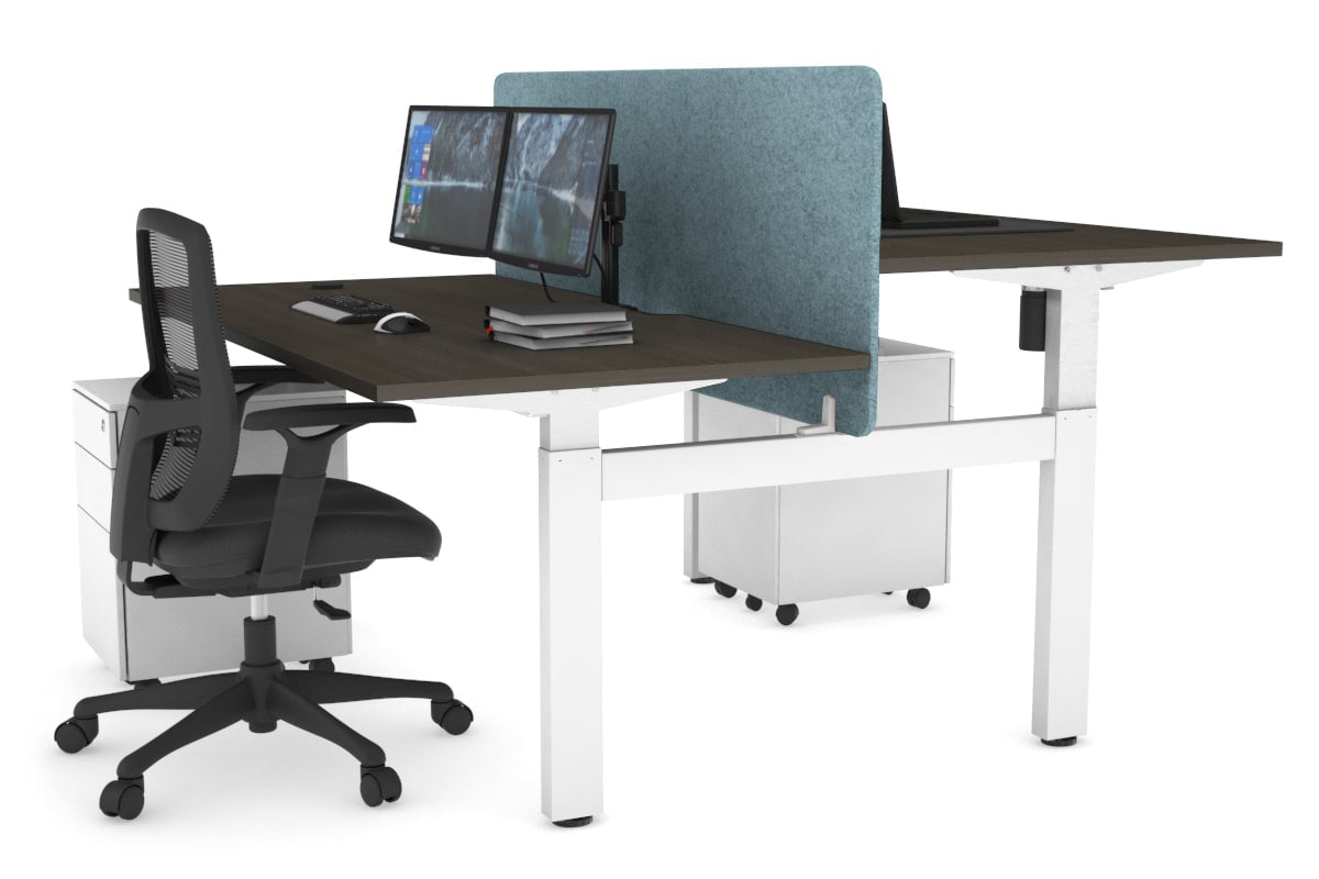 Just Right Height Adjustable 2 Person H-Bench Workstation - White Frame [1600L x 800W with Cable Scallop]-dark oak blue acoustic panel (820H x 1600W) none