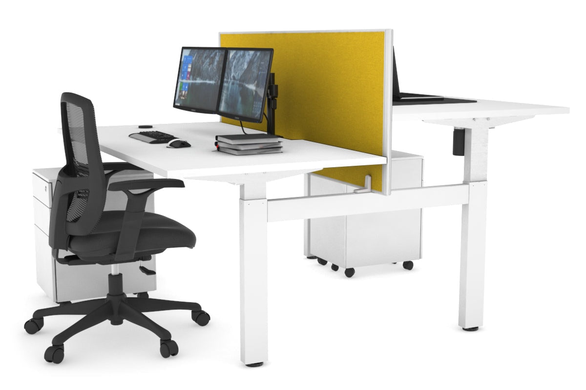 Just Right Height Adjustable 2 Person H-Bench Workstation - White Frame [1600L x 800W with Cable Scallop]-white mustard yellow (820H x 1600W) none