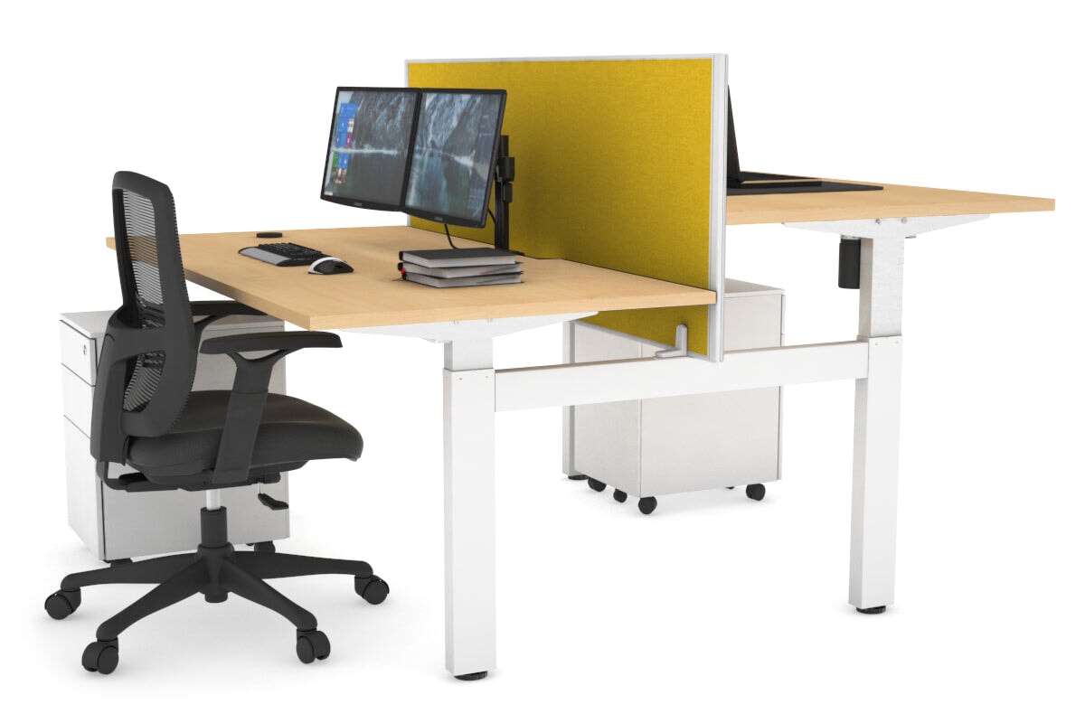 Just Right Height Adjustable 2 Person H-Bench Workstation - White Frame [1600L x 800W with Cable Scallop]-maple mustard yellow (820H x 1600W) none