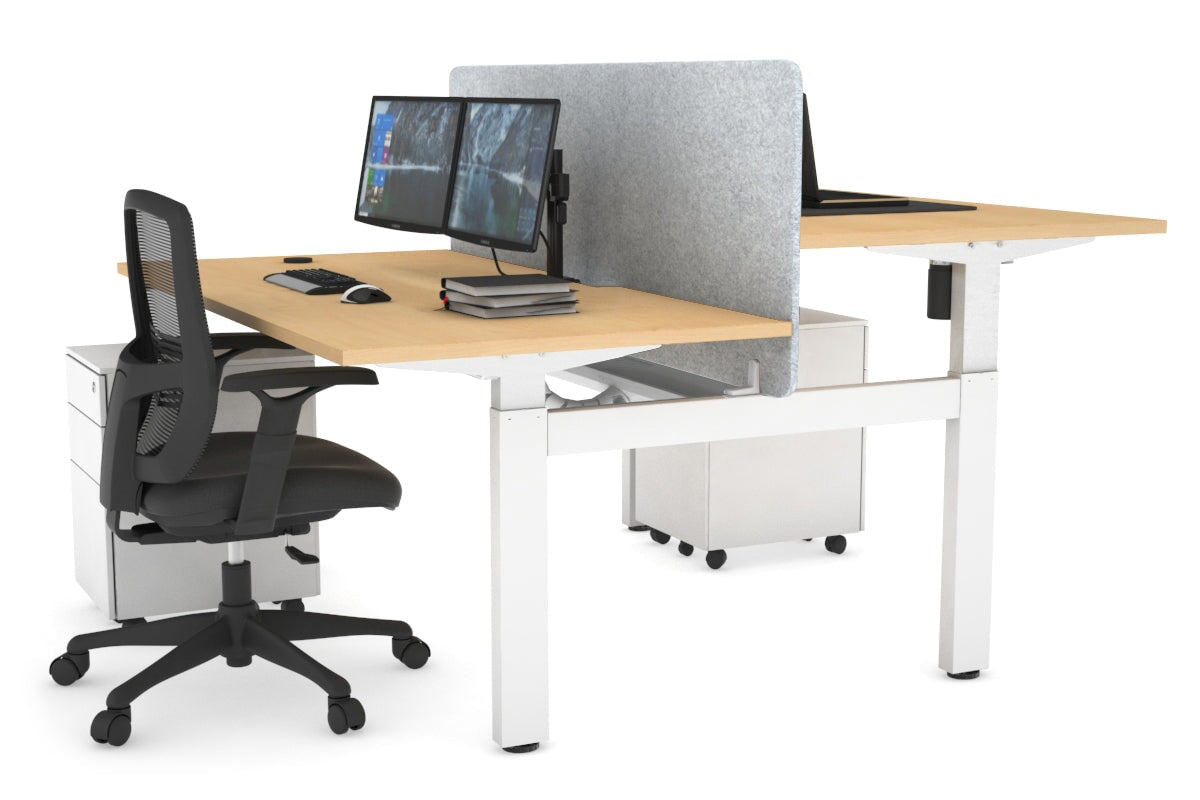 Just Right Height Adjustable 2 Person H-Bench Workstation - White Frame [1600L x 800W with Cable Scallop]-maple light grey acoustic panel (820H x 1600W) white cable tray