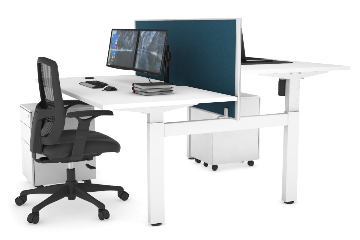 Just Right Height Adjustable 2 Person H-Bench Workstation - White Frame [1600L x 800W with Cable Scallop]-white deep blue (820H x 1600W) none