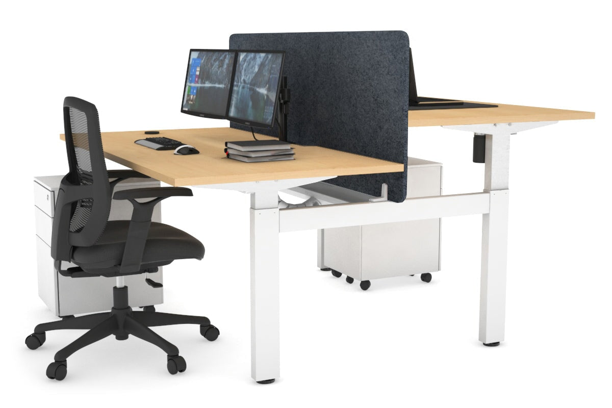 Just Right Height Adjustable 2 Person H-Bench Workstation - White Frame [1600L x 800W with Cable Scallop]-maple dark grey acoustic panel (820H x 1600W) white cable tray