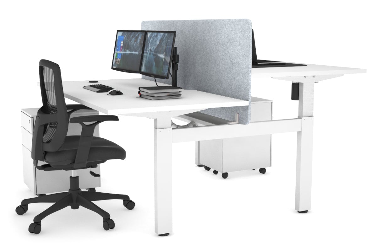 Just Right Height Adjustable 2 Person H-Bench Workstation - White Frame [1600L x 800W with Cable Scallop]-white light grey acoustic panel (820H x 1600W) white cable tray