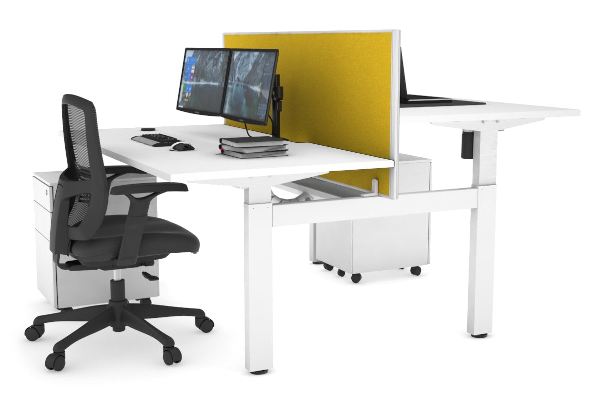 Just Right Height Adjustable 2 Person H-Bench Workstation - White Frame [1600L x 800W with Cable Scallop]-white mustard yellow (820H x 1600W) white cable tray